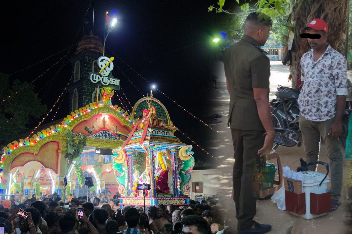 யாழ்ப்பாணம் முருகன் கோயிலில் உரிமையற்ற வணிகரிடமிருந்து சுகாதார ஆய்வாளர் பொருட்களை பறிமுதல் செய்தார்