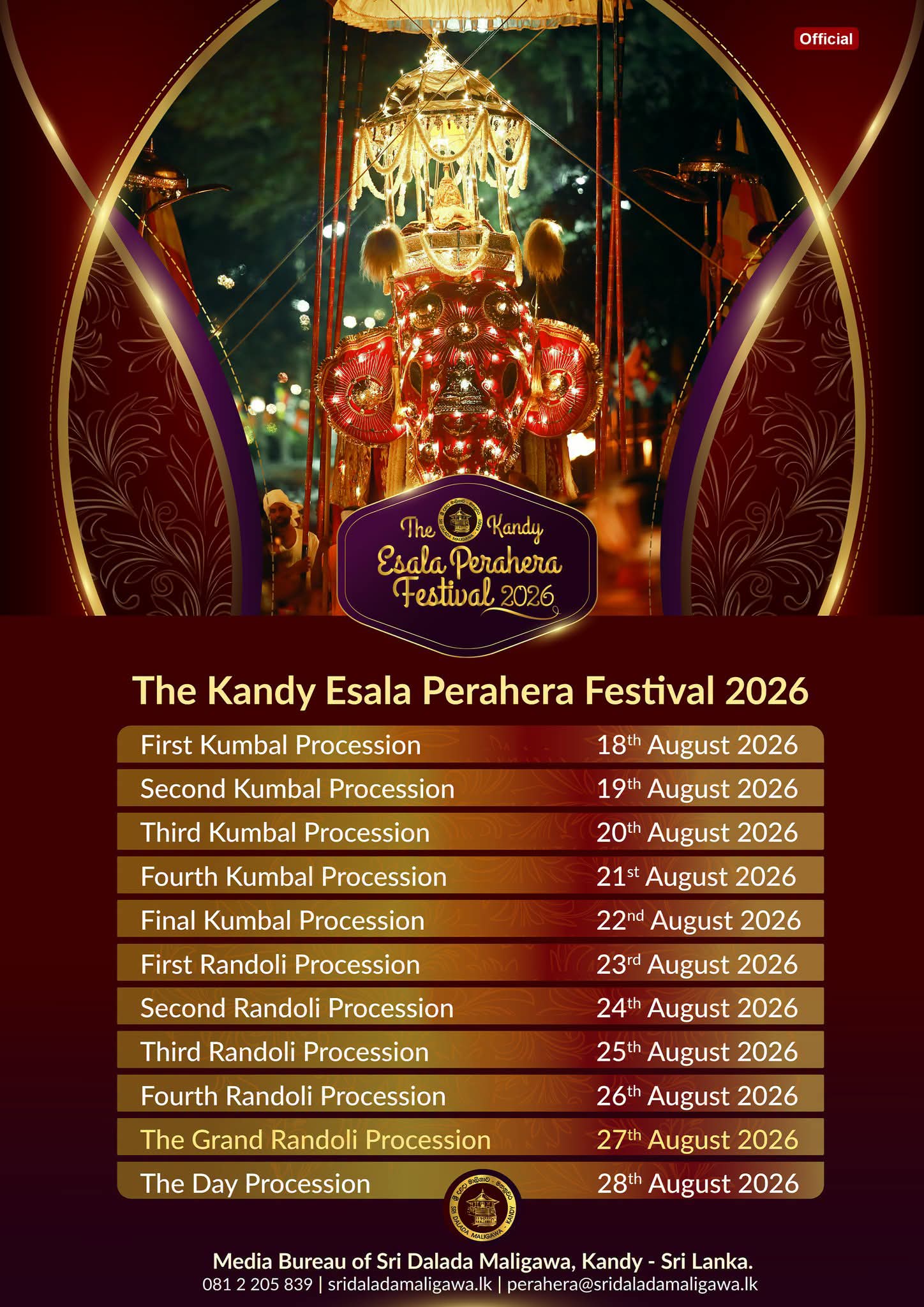 2026 Kandy Esala Perahera dates confirmed by Sri Dalada Maligawa