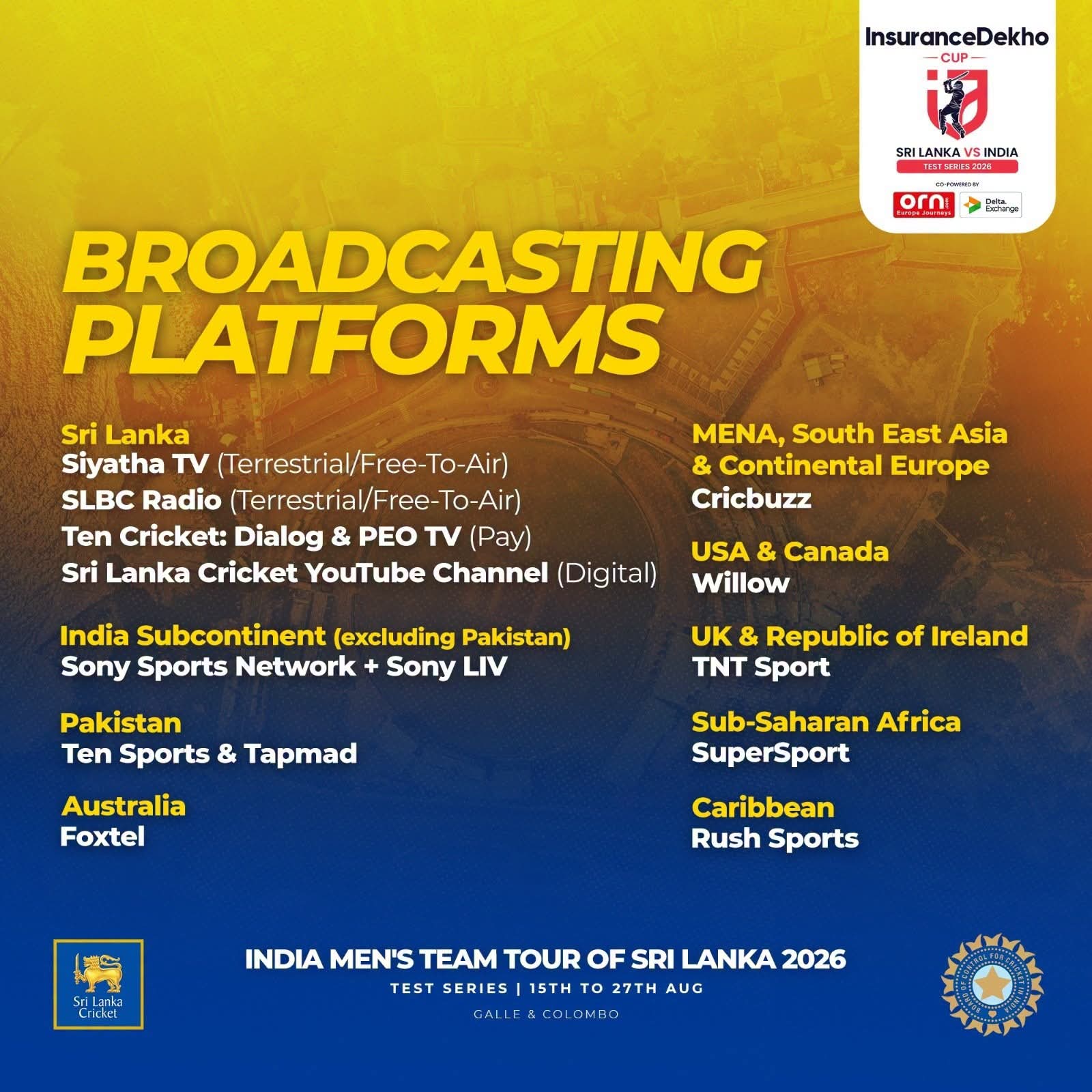 Sri Lanka and India Test Series to Air Across Multiple Platforms Worldwide