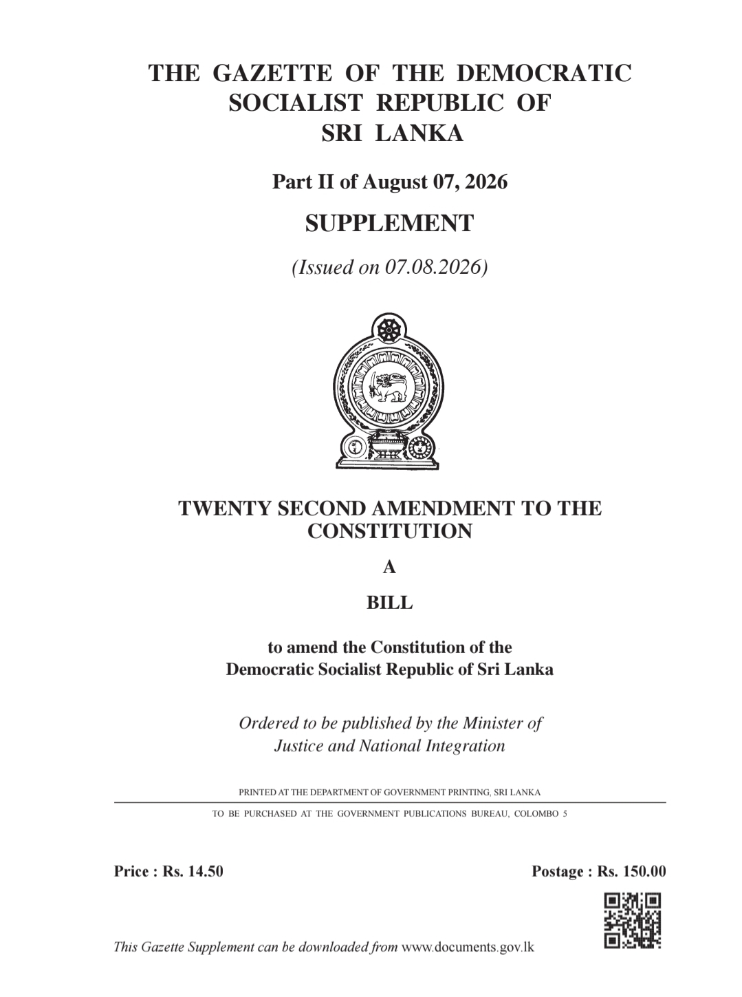 Sri Lanka Gazettes 22nd Constitutional Amendment Targeting Judicial Retirement and Court Structure