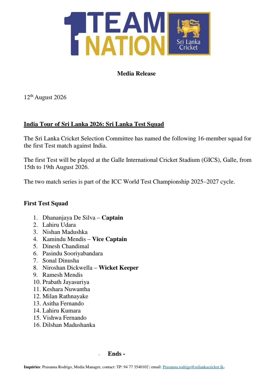 Sri Lanka Names Squad for Opening Test Against India