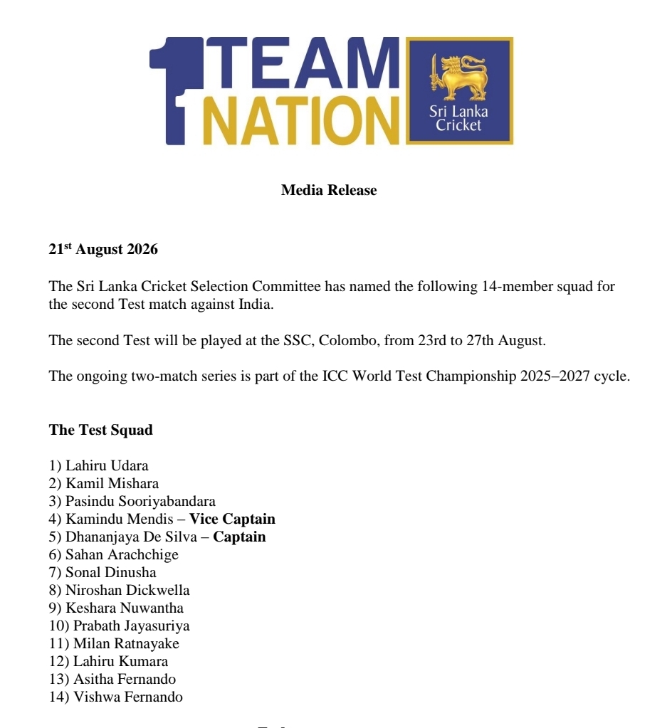 Sri Lanka Announces Squad Changes for Second Test Match